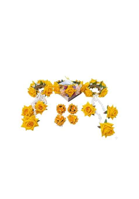 Yellow Flower Jewellery Bracelet Set with Kalire Crown and Adjustable Finger Rings for Women and Girls