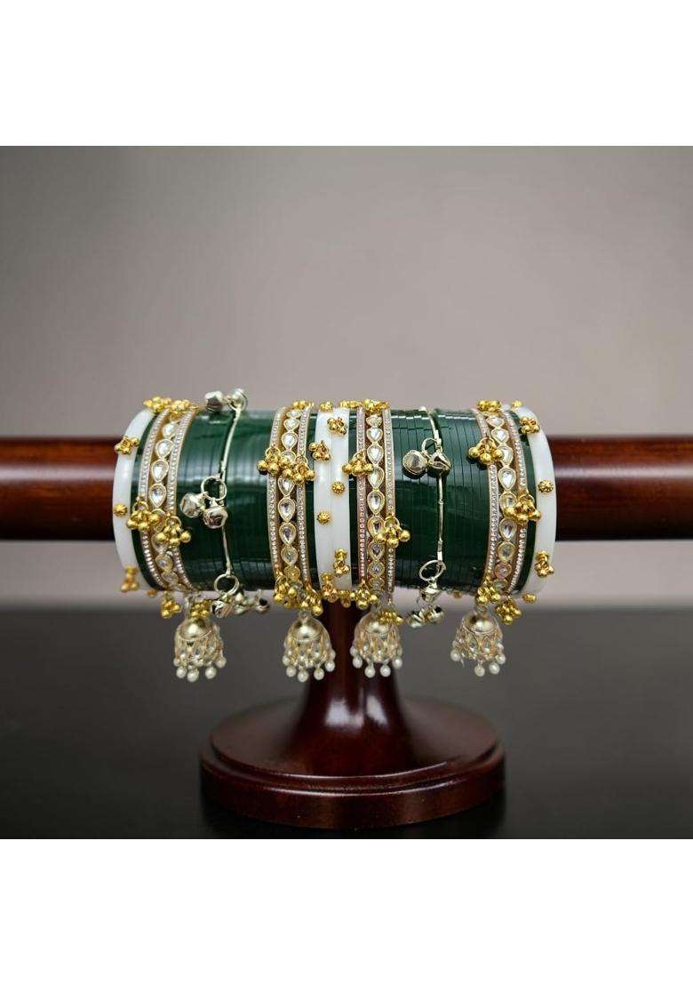 AMS Creations Green Bridal Chooda Set for Women Punjabi Chura with Kundan Bangles - Indya