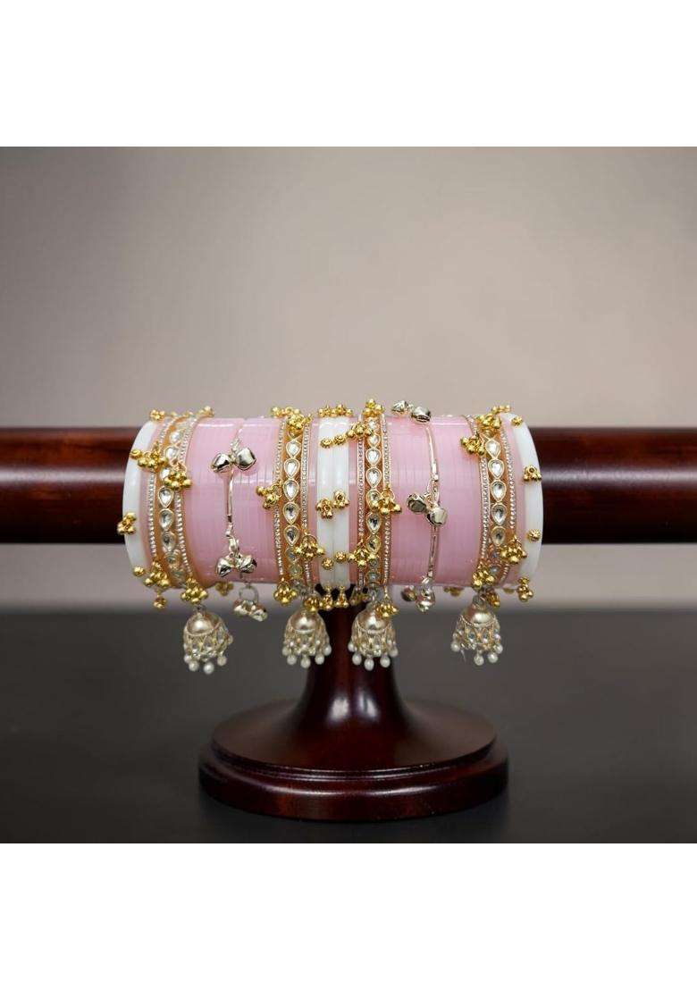 AMS Creations Pink Bridal Chooda Set for Women Punjabi Chura with Kundan Bangles - Indya