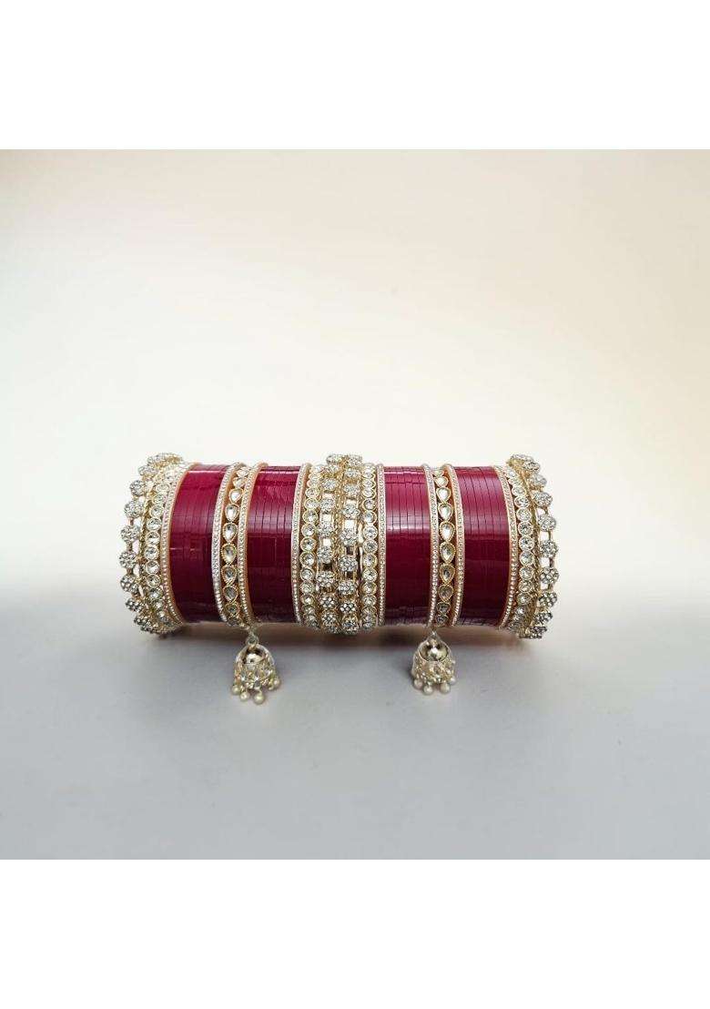 AMS Creations Bridal Chura Set for Women Red and Gold Traditional Wedding Bangles with Kundan Stone Work - Indya
