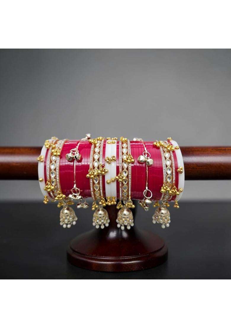 AMS Creations Bridal Chooda Set for Women Punjabi Chura with Kundan Bangles Ghungroo Latkan and Kalire Charms - Indya