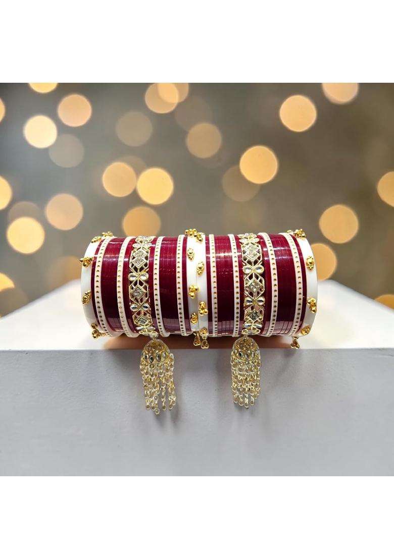 AMS Creations Royal Maroon Bridal Chura Set for Women Designer Wedding Chooda with Kundan Stone Bangles - Indya