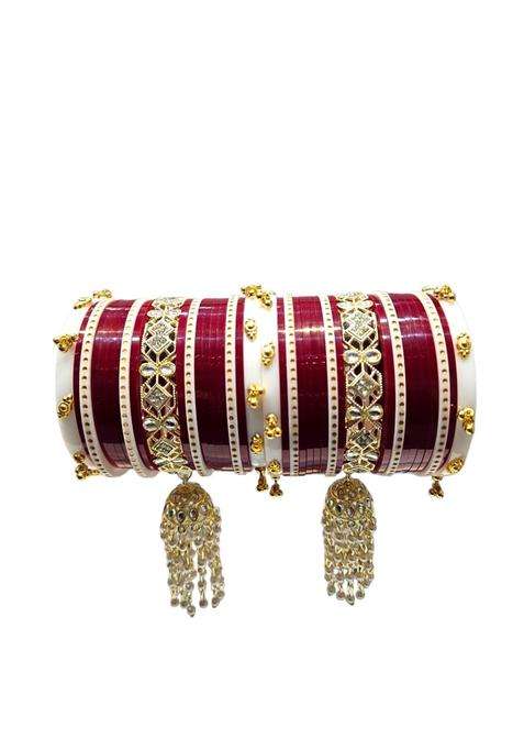 AMS Creations Royal Maroon Bridal Chura Set for Women Designer Wedding Chooda with Kundan Stone Bangles