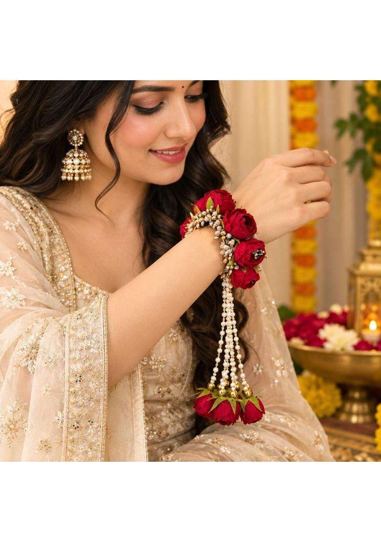 CIYA PLUS Handmade Red Rose Floral Kalira Bracelet for Haldi Mehandi Wedding - Indya