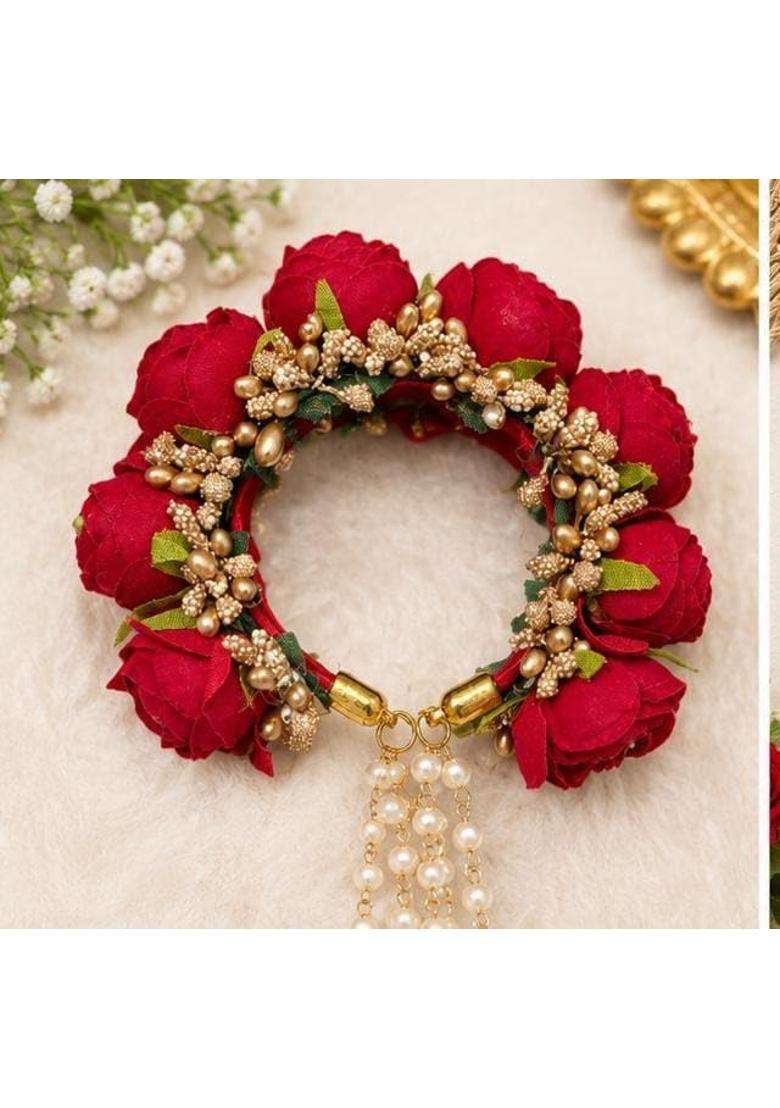 CIYA PLUS Handmade Red Rose Floral Kalira Bracelet for Haldi Mehandi Wedding - Indya