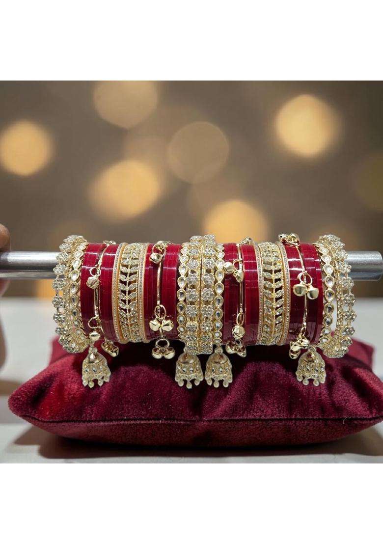 AMS Creations Traditional Indian Bridal Chura Set for Women Wedding Bangles with Gold Plated Kundan and Stone - Indya