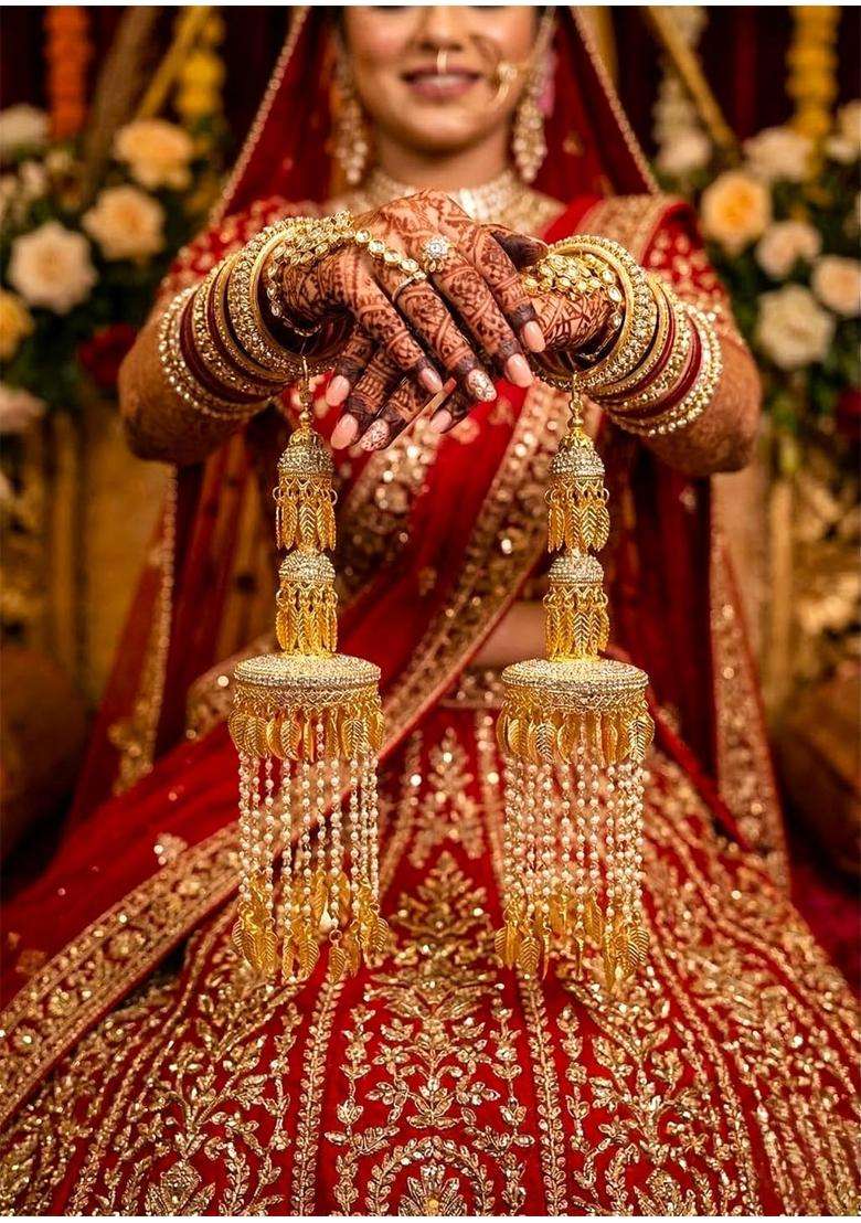 Golden Leaf Bridal Kaleera with Ghunghroo Pearl Link Chain and Stone Chain Traditional Bridal Charms - Indya