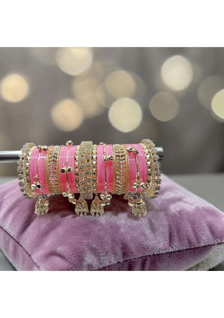 AMS Creations Traditional Indian Bridal Chura Set for Women Wedding Bangles with Gold Plated Kundan and Stone - Indya