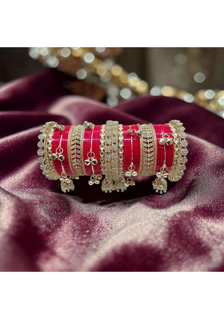AMS Creations Traditional Indian Bridal Chura Set for Women Wedding Bangles with Gold Plated Kundan and Stone - Indya
