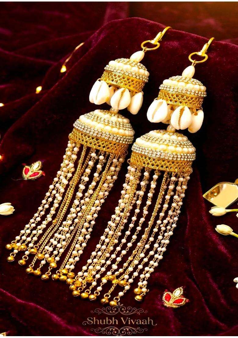 Advika Creations Ethnic Cowrie Jhumar Kaleera with Ghunghroo Pearl Link Chain - Indya