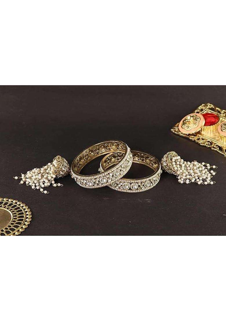 NMII Premium Alloy Latkan Kada Set Studded with Beads and Zircon Gemstone for Women and Girls Set of 2 - Indya