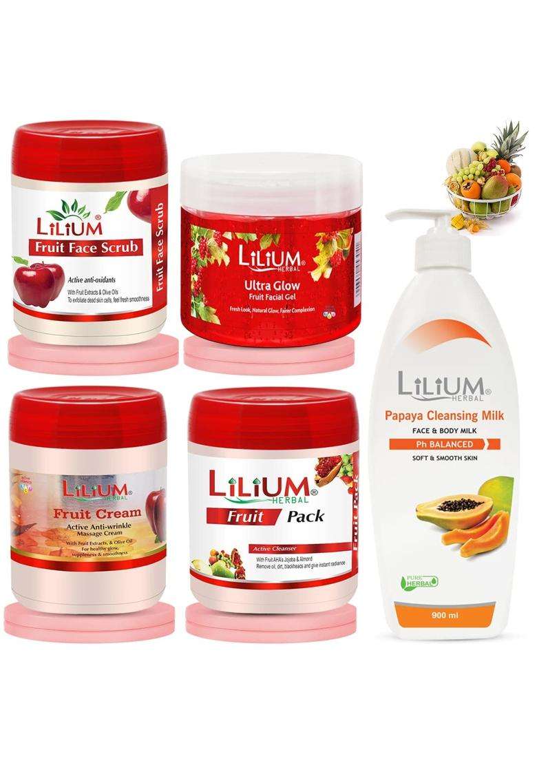 Lilium Fruit Facial Kit with Papaya Cleansing Milk 4500GM Moisturized and Balanced Skin Reduce Dark Spots - Indya