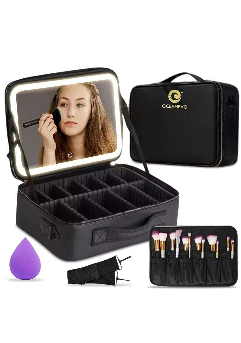 Oceanevo Medium Cosmetic Organizer Bag with Rechargeable LED Mirror and Makeup Sponge Included - Indya