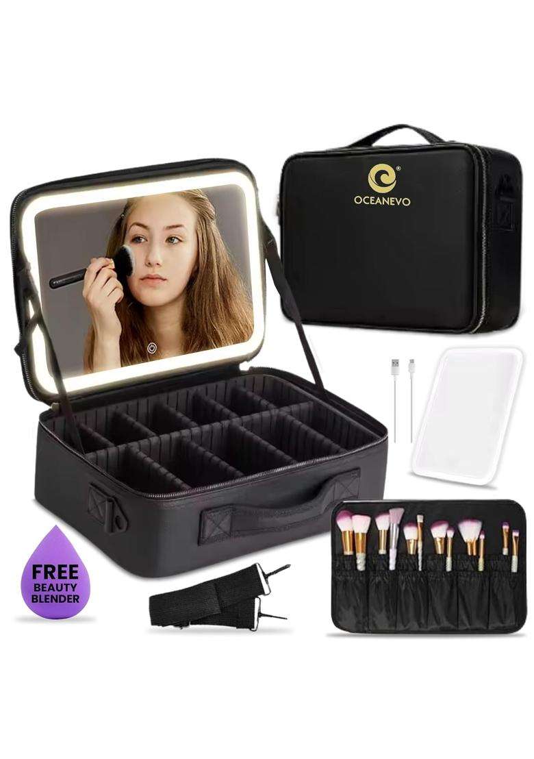 Oceanevo Medium Cosmetic Organizer Bag with Rechargeable LED Mirror and Makeup Sponge Included - Indya