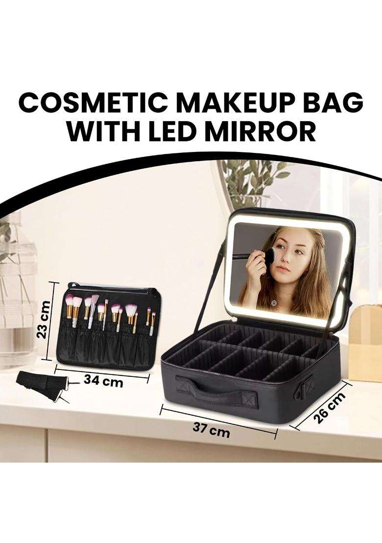 Oceanevo Medium Cosmetic Organizer Bag with Rechargeable LED Mirror and Makeup Sponge Included - Indya