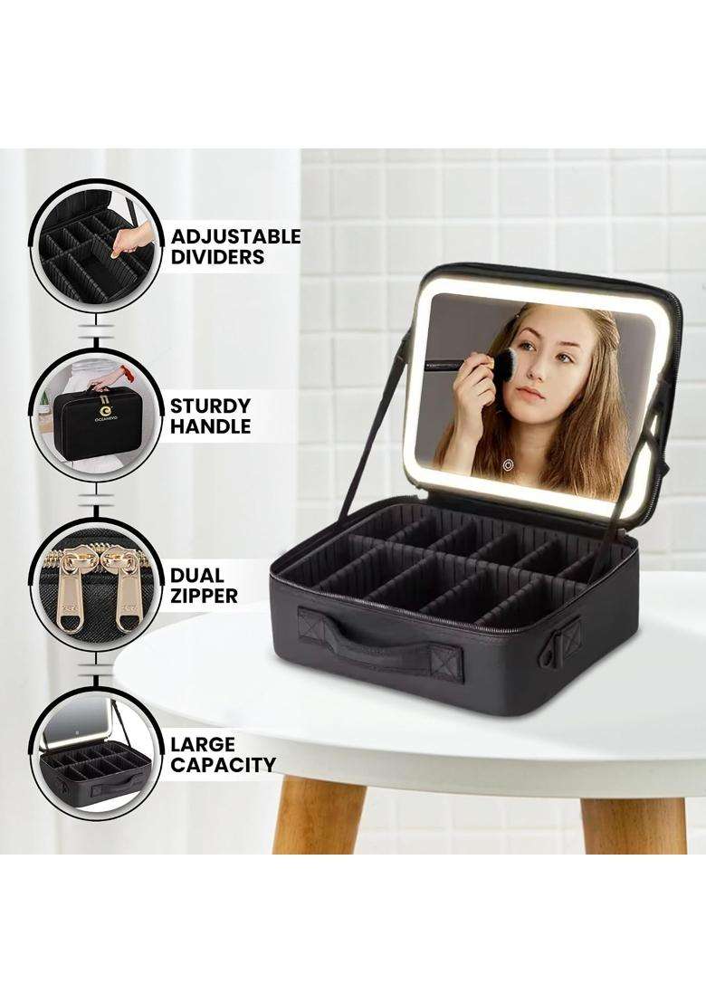 Oceanevo Medium Cosmetic Organizer Bag with Rechargeable LED Mirror and Makeup Sponge Included - Indya