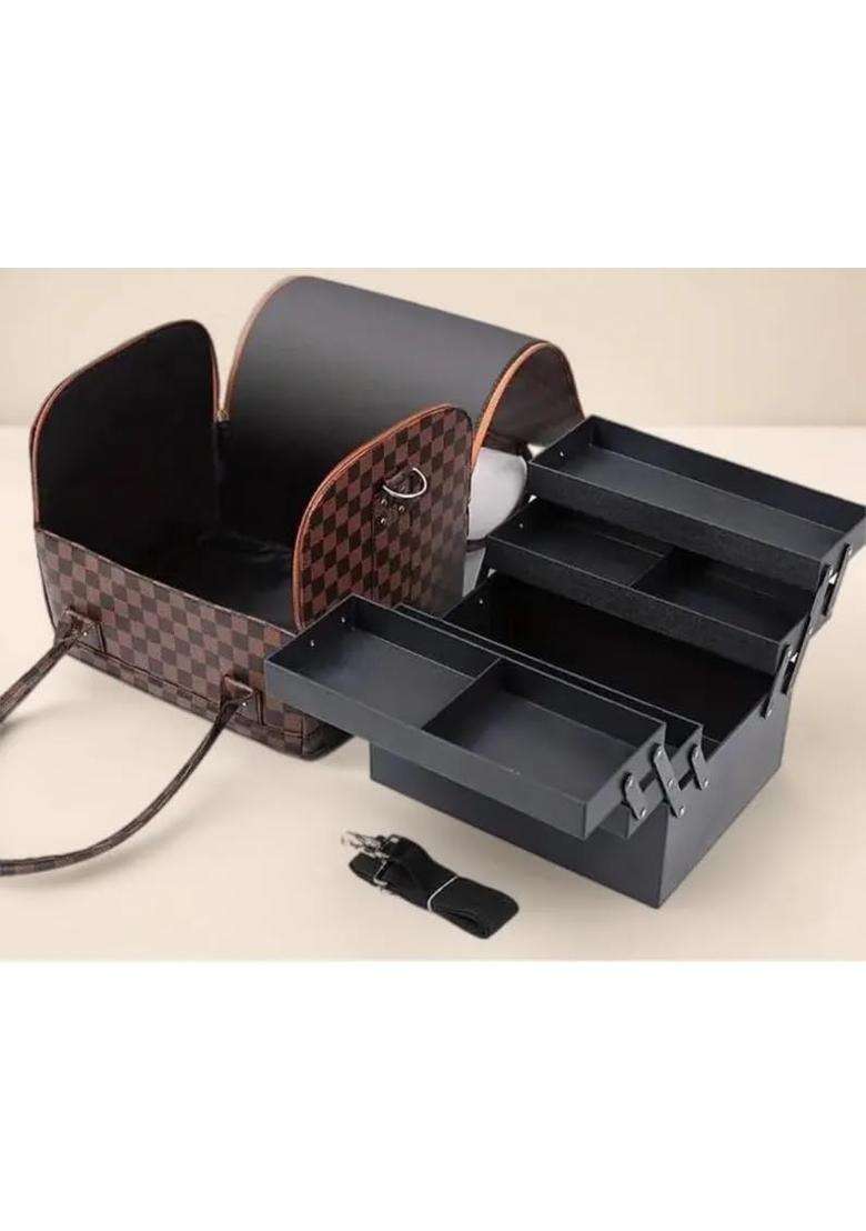 Flykonix Brown Pu Leather Professional Cosmetic Organizer Box Large Capacity Makeup Organizer for Storage - Indya