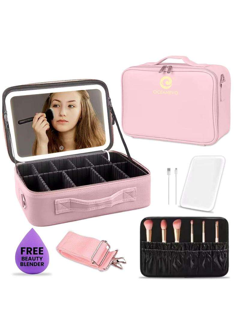 Oceanevo Medium Cosmetic Organizer Bag with Rechargeable LED Mirror and Makeup Sponge Included - Indya