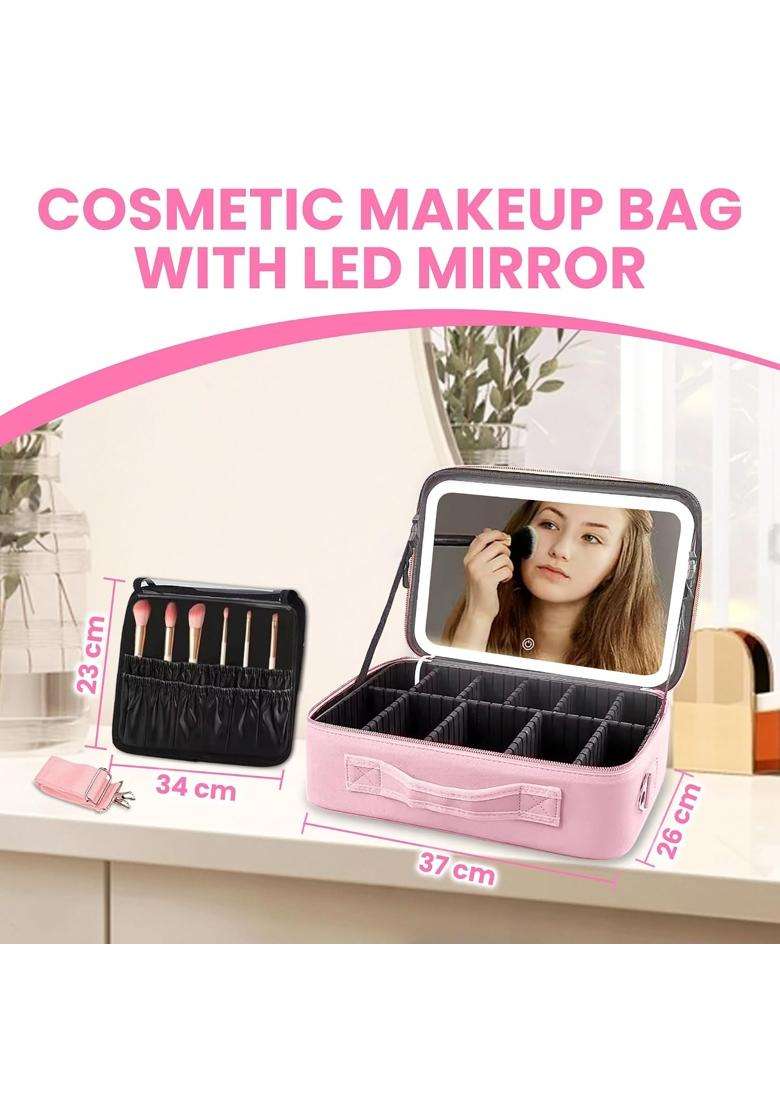 Oceanevo Medium Cosmetic Organizer Bag with Rechargeable LED Mirror and Makeup Sponge Included - Indya