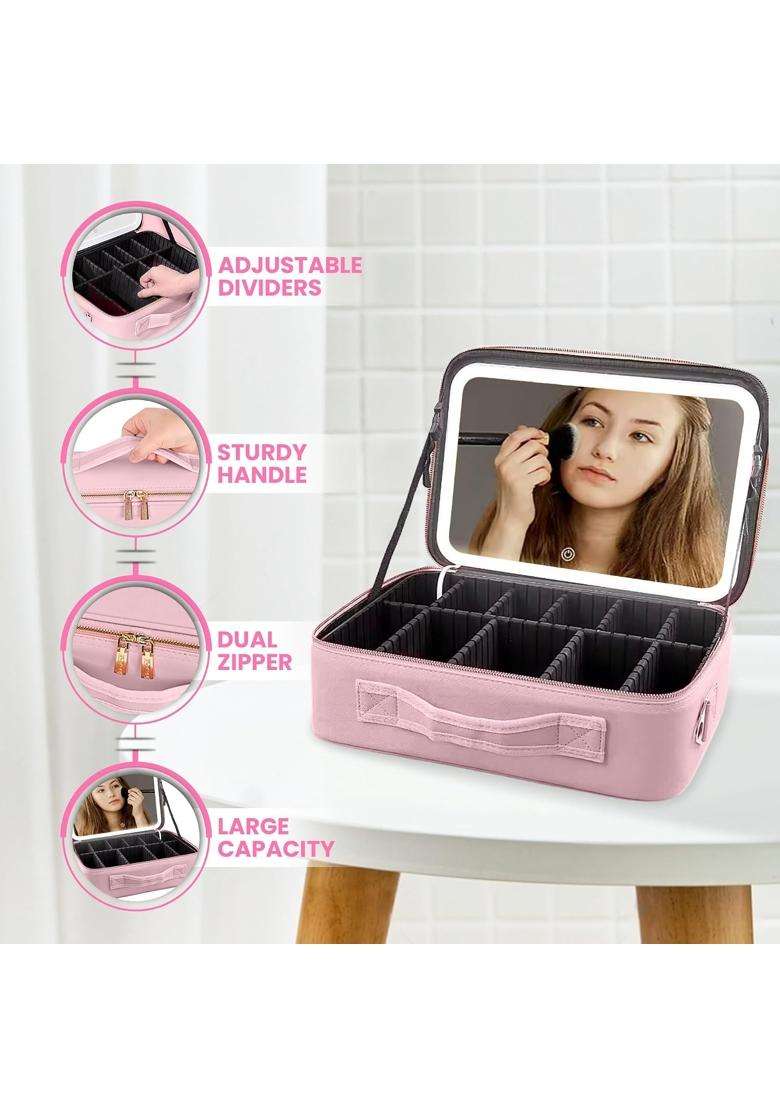 Oceanevo Medium Cosmetic Organizer Bag with Rechargeable LED Mirror and Makeup Sponge Included - Indya