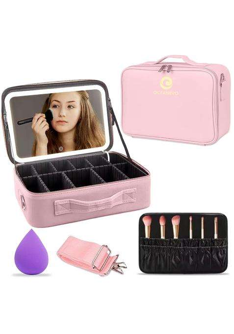Oceanevo Medium Cosmetic Organizer Bag with Rechargeable LED Mirror and Makeup Sponge Included