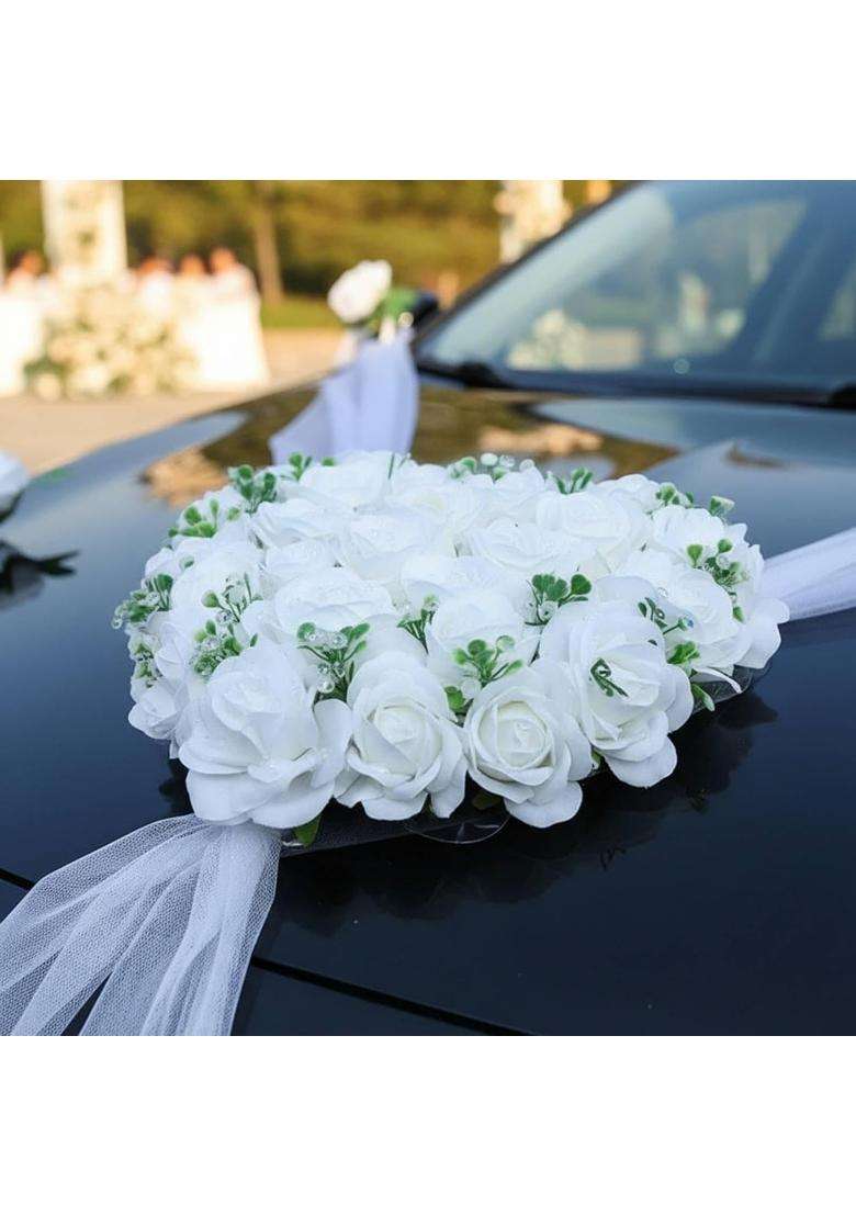 Calandis Wedding Car Decoration Set Artificial Flowers Bridal Vehicle Floral and Ribbon Kit for Newlyweds - Indya