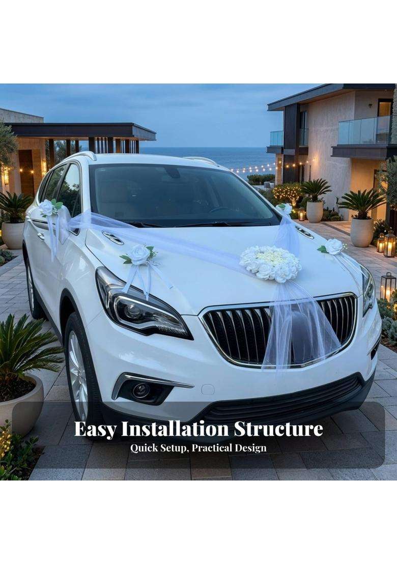 Trendivibe White and Cream Wedding Car Garland Green Leaf Accents Bridal Car Flower Kit Realistic Look - Indya