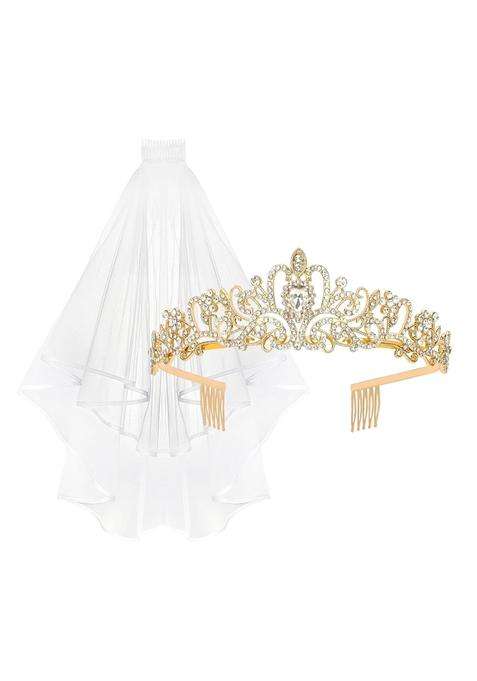 Yariew Gold Bride Crown Plus Bride Veil Set Rhinestone Wedding Bridal Tiara Bridal Shower Decorations