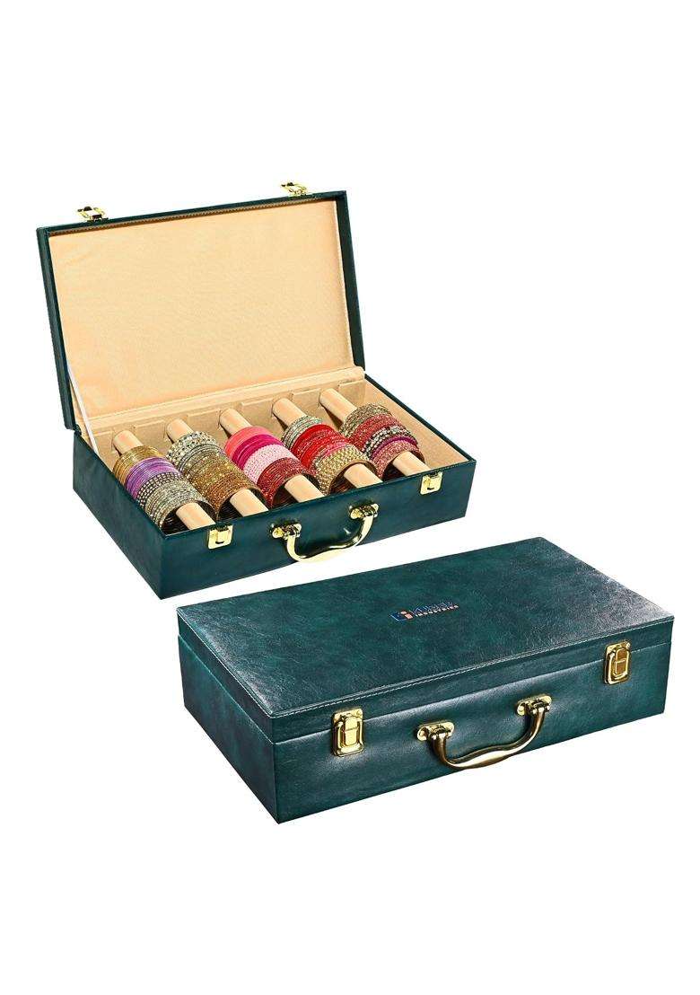 Kuber Industries Teal Premium Faux Leather 5 Rod Bangles Box for Women Bride with Handle Pack of 2 - Indya