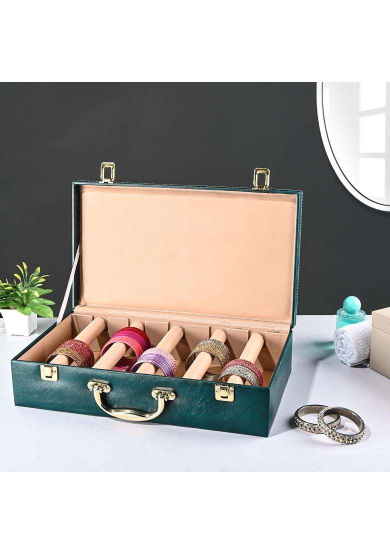 Kuber Industries Teal Premium Faux Leather 5 Rod Bangles Box for Women Bride with Handle Pack of 2 - Indya