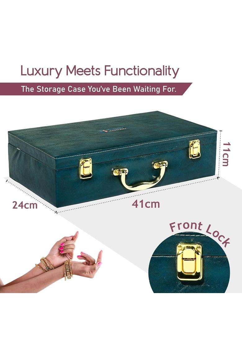 Kuber Industries Teal Premium Faux Leather 5 Rod Bangles Box for Women Bride with Handle Pack of 2 - Indya