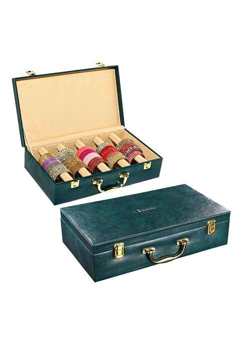 Kuber Industries Teal Premium Faux Leather 5 Rod Bangles Box for Women Bride with Handle Pack of 2
