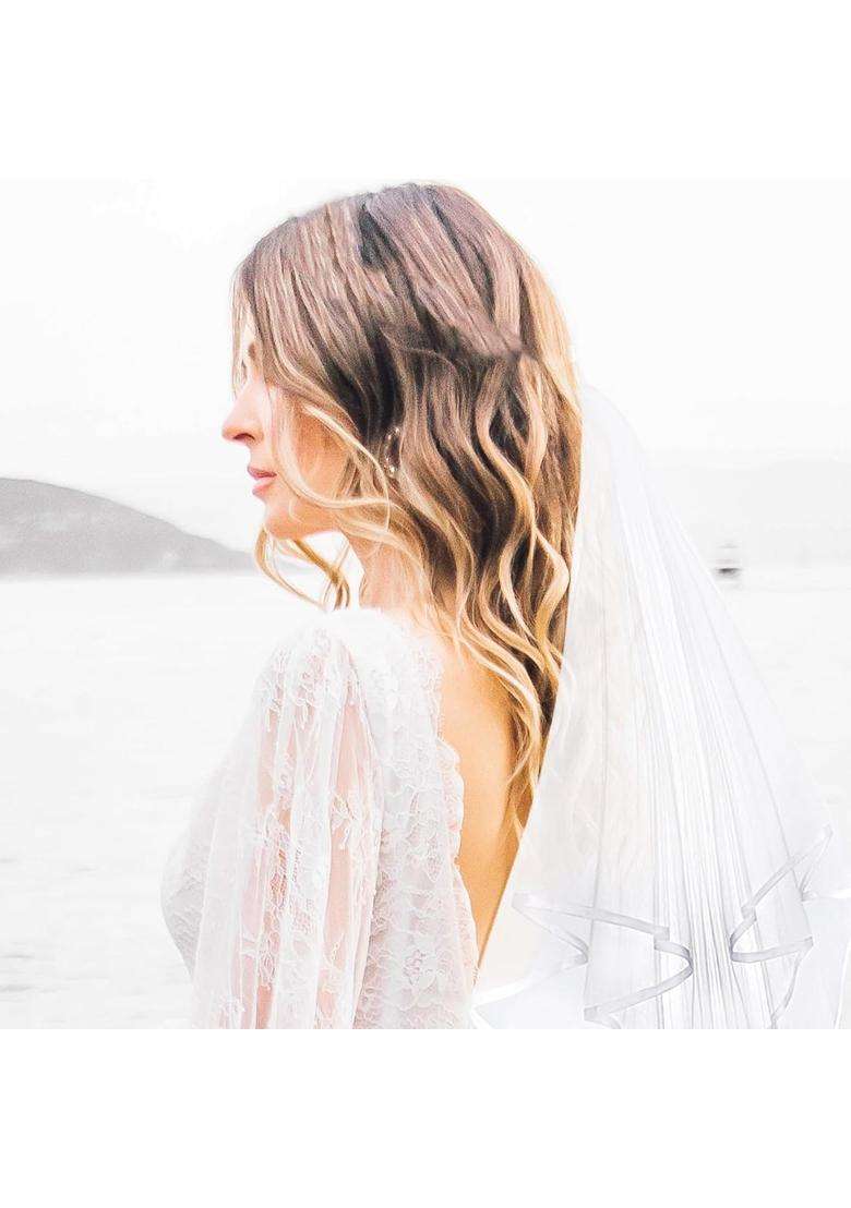 Reofrey White Womens Simple Tulle Short Wedding Veil Ribbon - Indya
