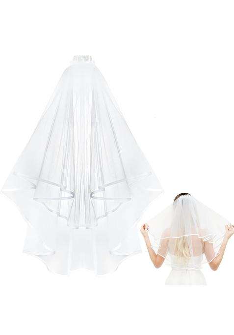 Reofrey White Womens Simple Tulle Short Wedding Veil Ribbon