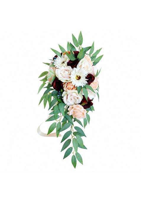 Zoomella Silk Pink Champagne Artificial Bridal Hand Bouquet Lightweight Cascade Bridal Bouquet Photo Ready