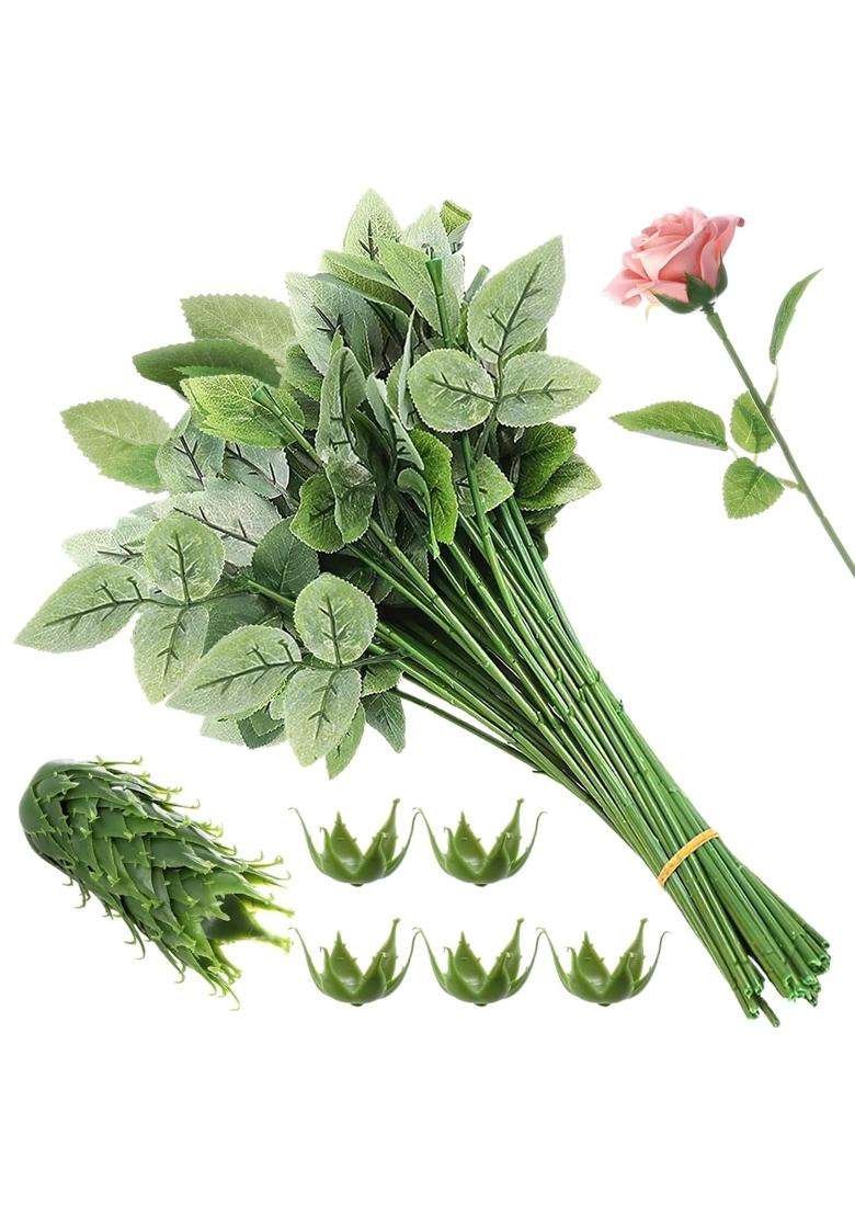 Cdoky 50Pcs Rose Stem and Calyx Kit DIY Floral Wedding Bouquet Party Decor Supply - Indya
