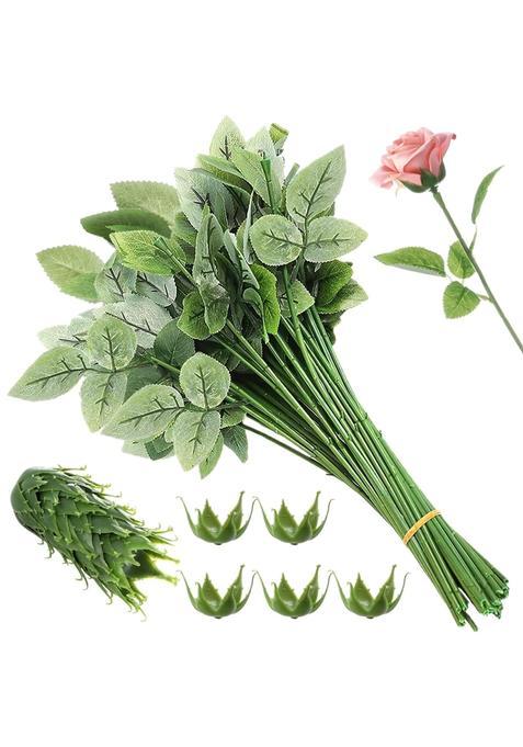 Cdoky 50Pcs Rose Stem and Calyx Kit DIY Floral Wedding Bouquet Party Decor Supply