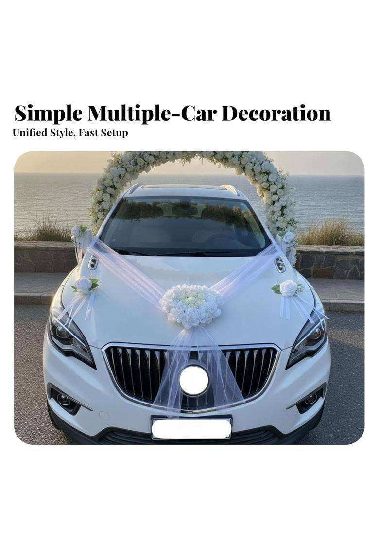 Calandis Wedding Car Garland White and Cream Bridal Car Floral Arrangement Green Leaf Accents Artificial - Indya