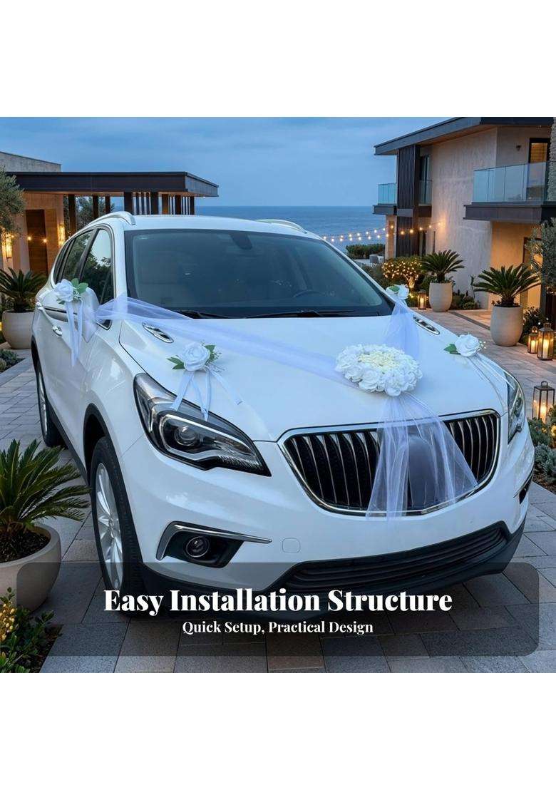 Calandis Wedding Car Garland White and Cream Bridal Car Floral Arrangement Green Leaf Accents Artificial - Indya