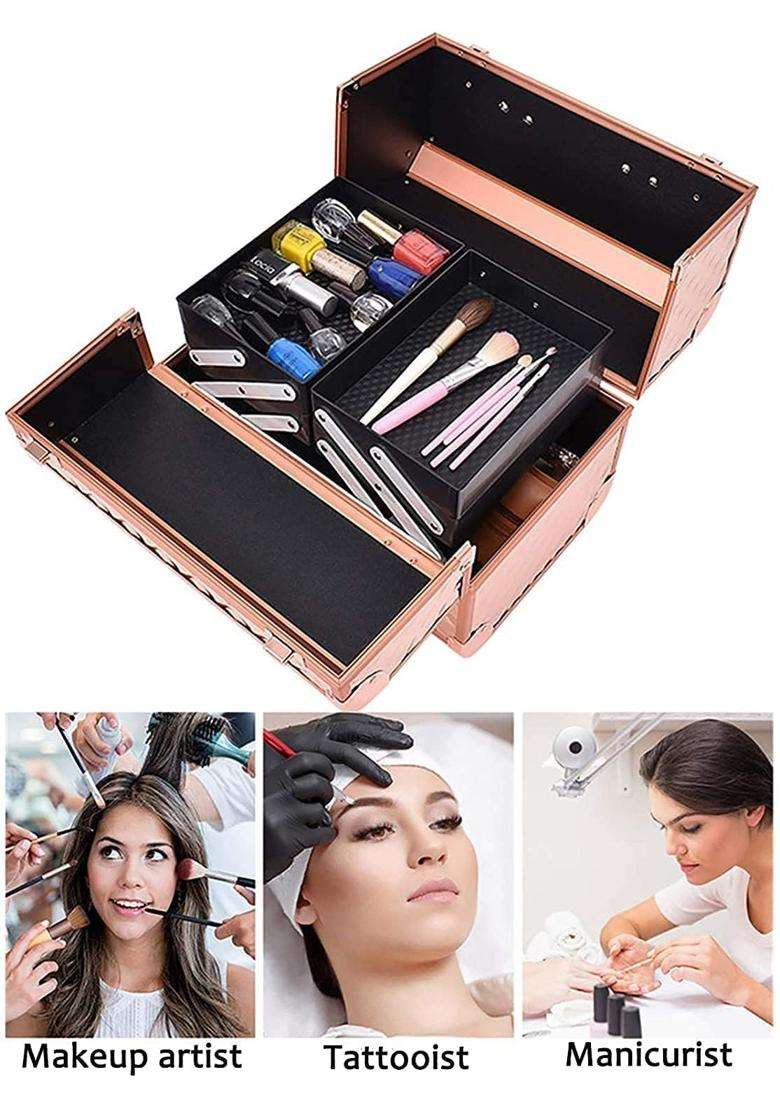 Adson Professional Beauty Makeup Cosmetic Vanity Case Diamond Cut Smoke Rose Gold - Indya