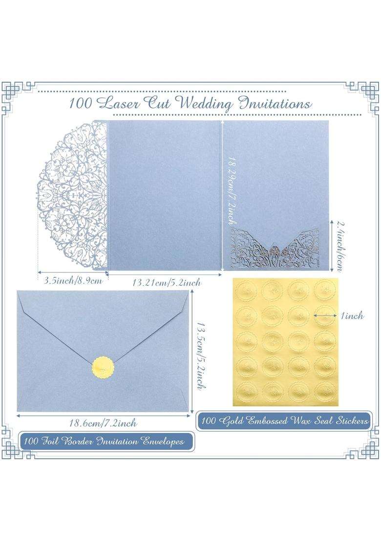 Perkoop 100 Set 5 X 7 Laser Cut Wedding Invitation with Envelopes and Wax Seal Stickers Blank Pocket - Indya