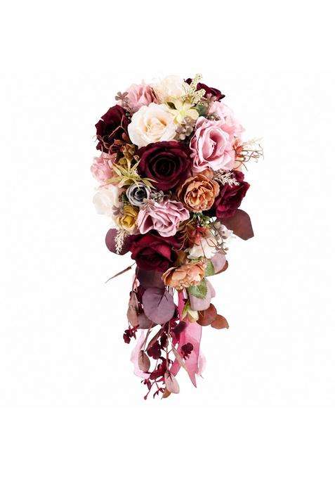 Zoomella Elegant Cascading Teardrop Bridal Hand Bouquet Romantic Cascading Rose Bouquet with Gathered Stem