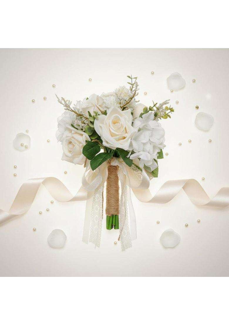 Trendivibe European Style Bridal Handheld Floral Arrangement Realistic Appearance Champagne White Flower - Indya