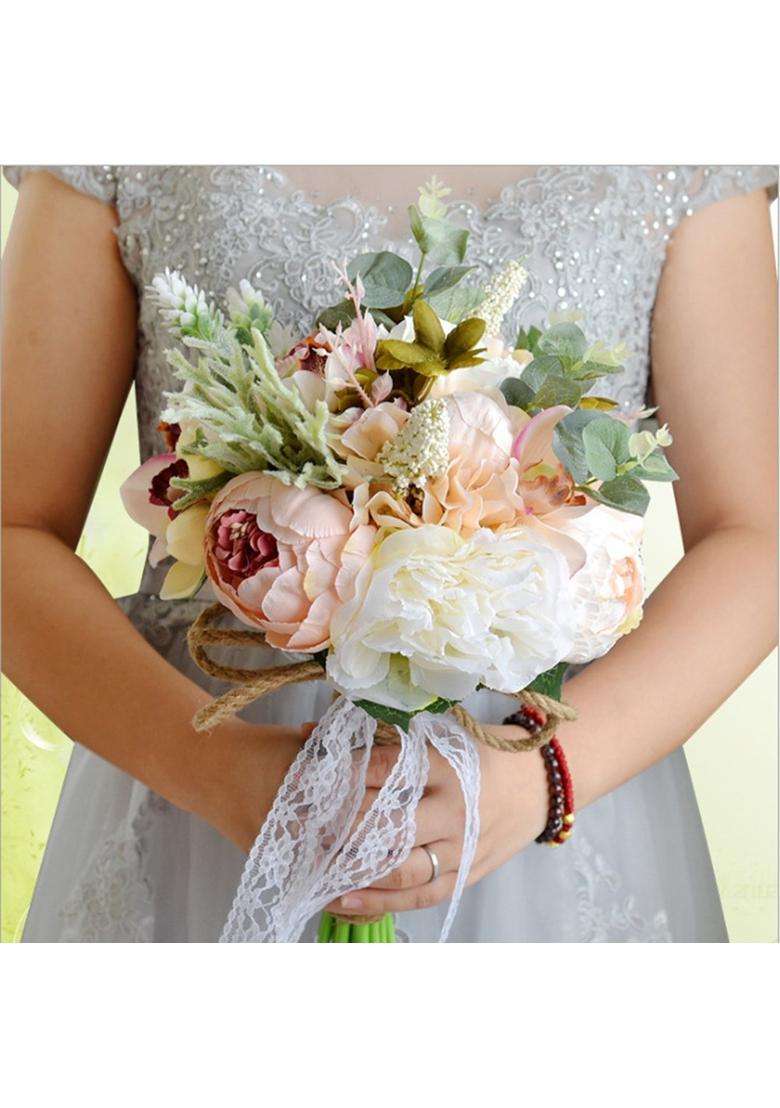 Merryjuly 5Pcs Wedding Bouquet Kit Artificial Roses Peony Lily Bridal Flowers Bouquets Wrist Corsage - Indya