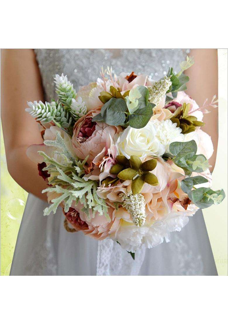 Merryjuly 5Pcs Wedding Bouquet Kit Artificial Roses Peony Lily Bridal Flowers Bouquets Wrist Corsage - Indya