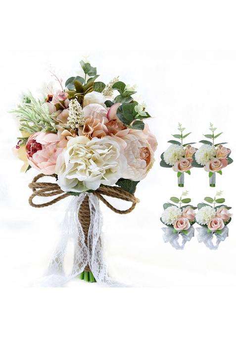 Merryjuly 5Pcs Wedding Bouquet Kit Artificial Roses Peony Lily Bridal Flowers Bouquets Wrist Corsage