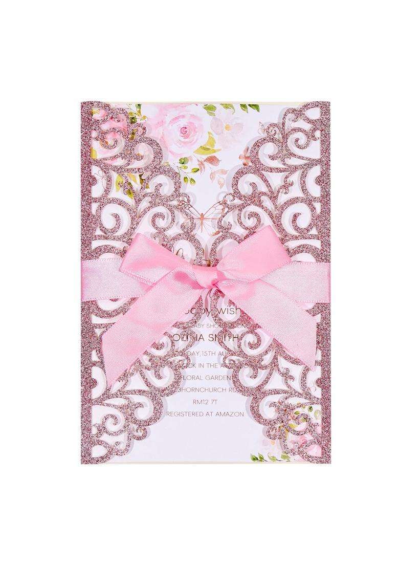 Mabbcoo 50Pcs Pink Glitter Wedding Invitations Envelopes and RSVP Cards and Pink Ribbon Laser Cut Invitation - Indya