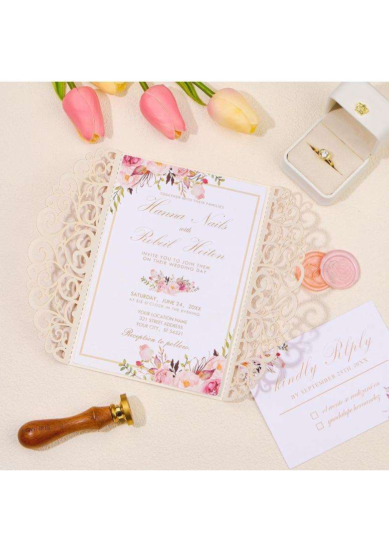 Mabbcoo 50Pcs Pink Glitter Wedding Invitations Envelopes and RSVP Cards and Pink Ribbon Laser Cut Invitation - Indya