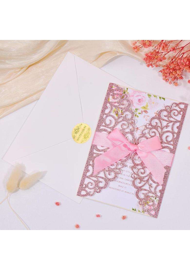 Mabbcoo 50Pcs Pink Glitter Wedding Invitations Envelopes and RSVP Cards and Pink Ribbon Laser Cut Invitation - Indya