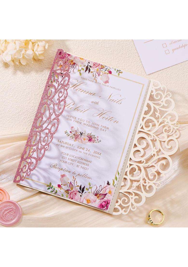 Mabbcoo 50Pcs Pink Glitter Wedding Invitations Envelopes and RSVP Cards and Pink Ribbon Laser Cut Invitation - Indya